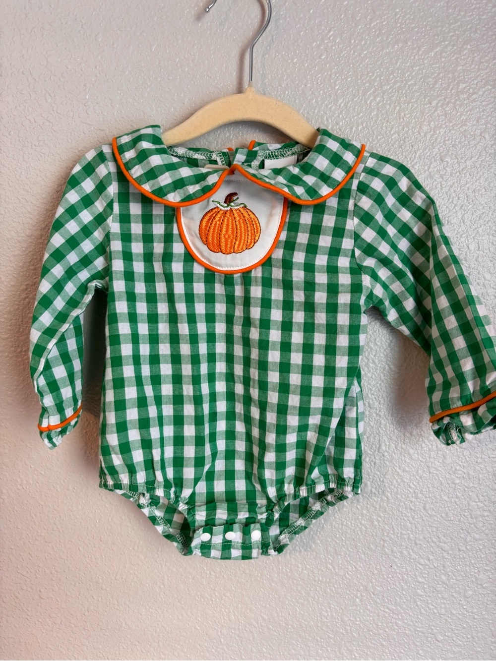 Green Gingham Pumpkin Appliqué Baby Bubble Bodysuit